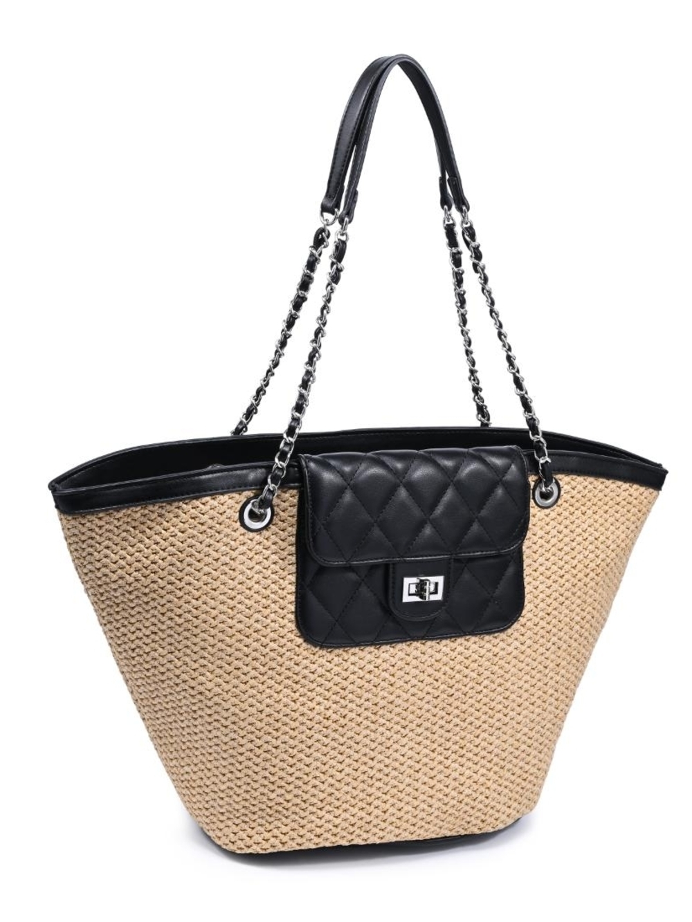 Landon Women's Natural Woven Straw Tote with Black Quilted Accent - Picture 3 of 6